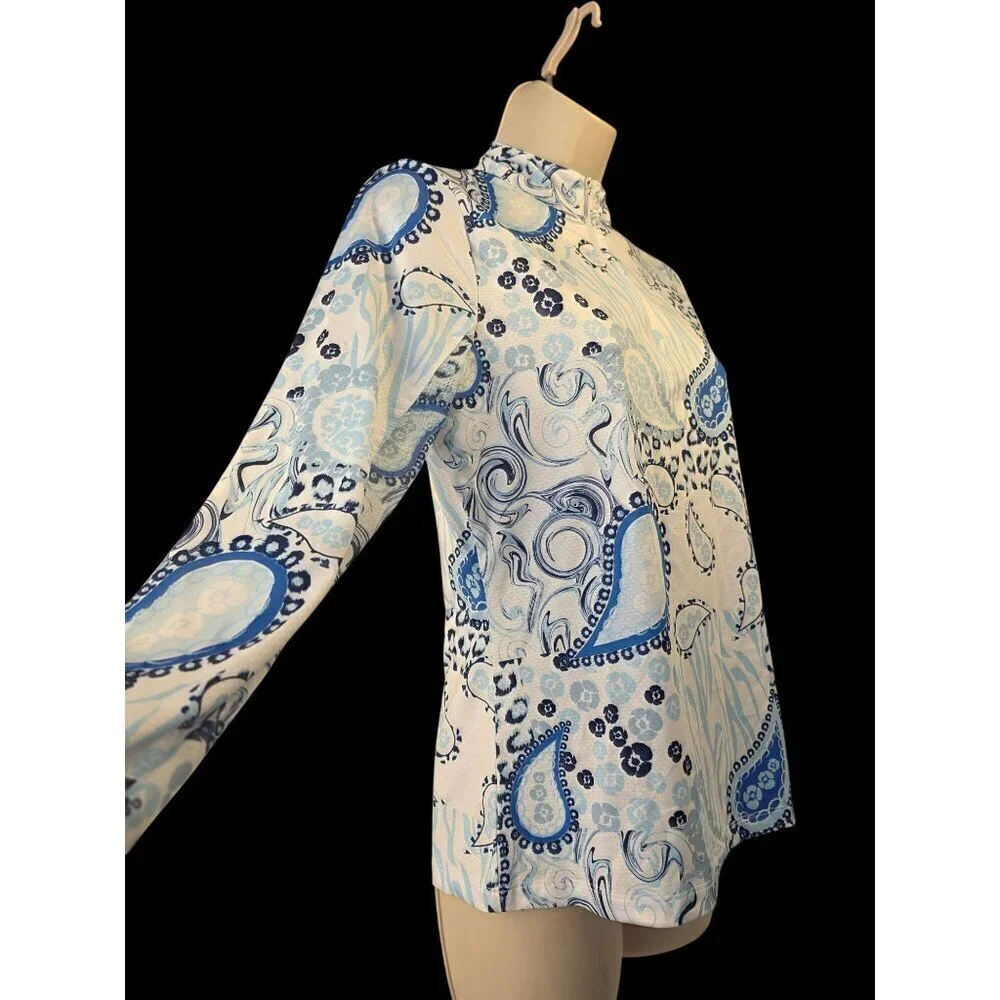 Gottex Sz XS Blue Paisley Rash Guard Sun Shirt Long Sleeve Zip Top Mesh Vent